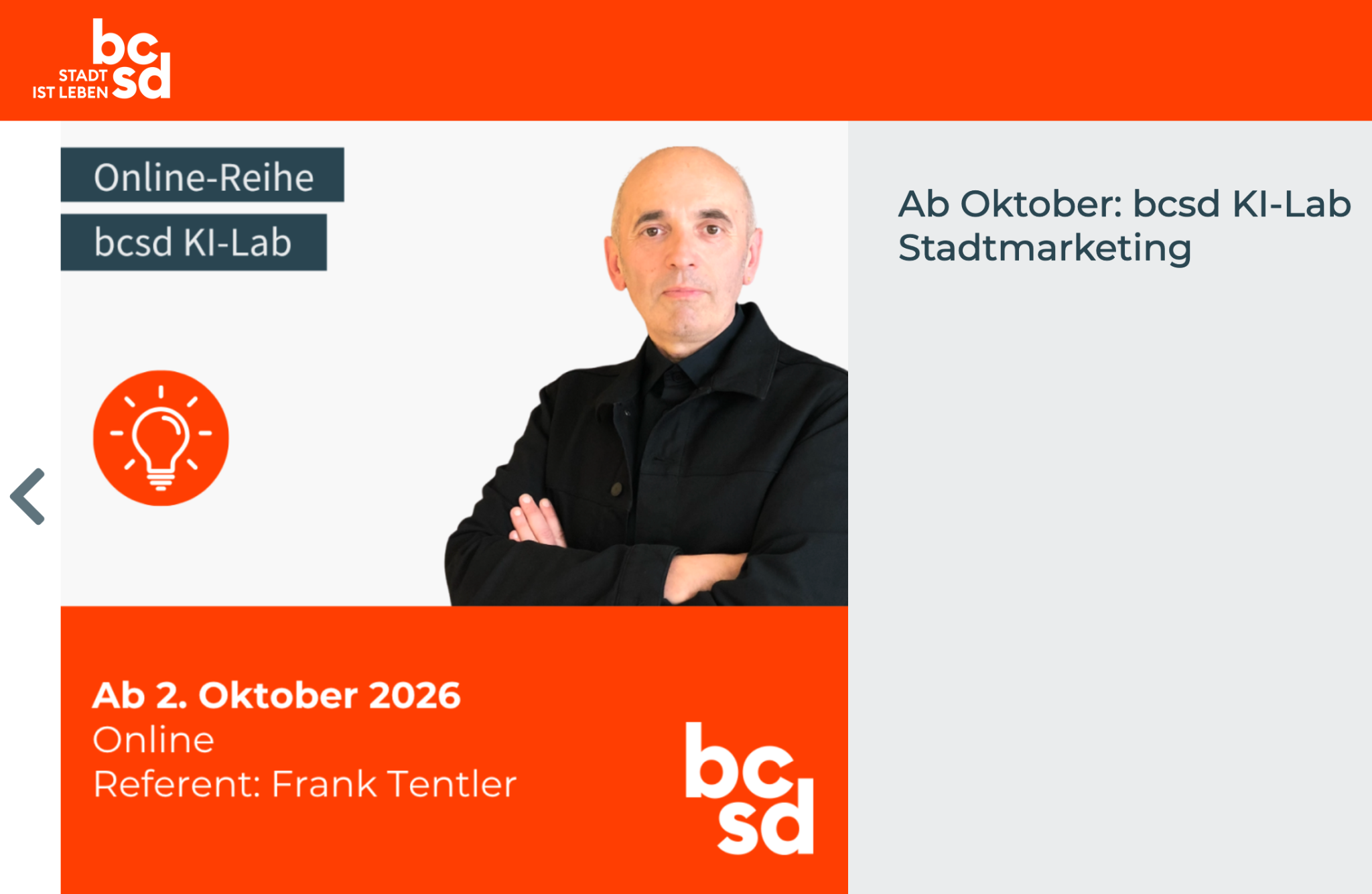 bcsd KI-Lab Stadtmarketing: Online-Reihe mit Frank Tentler ab 2. Oktober 2026.
