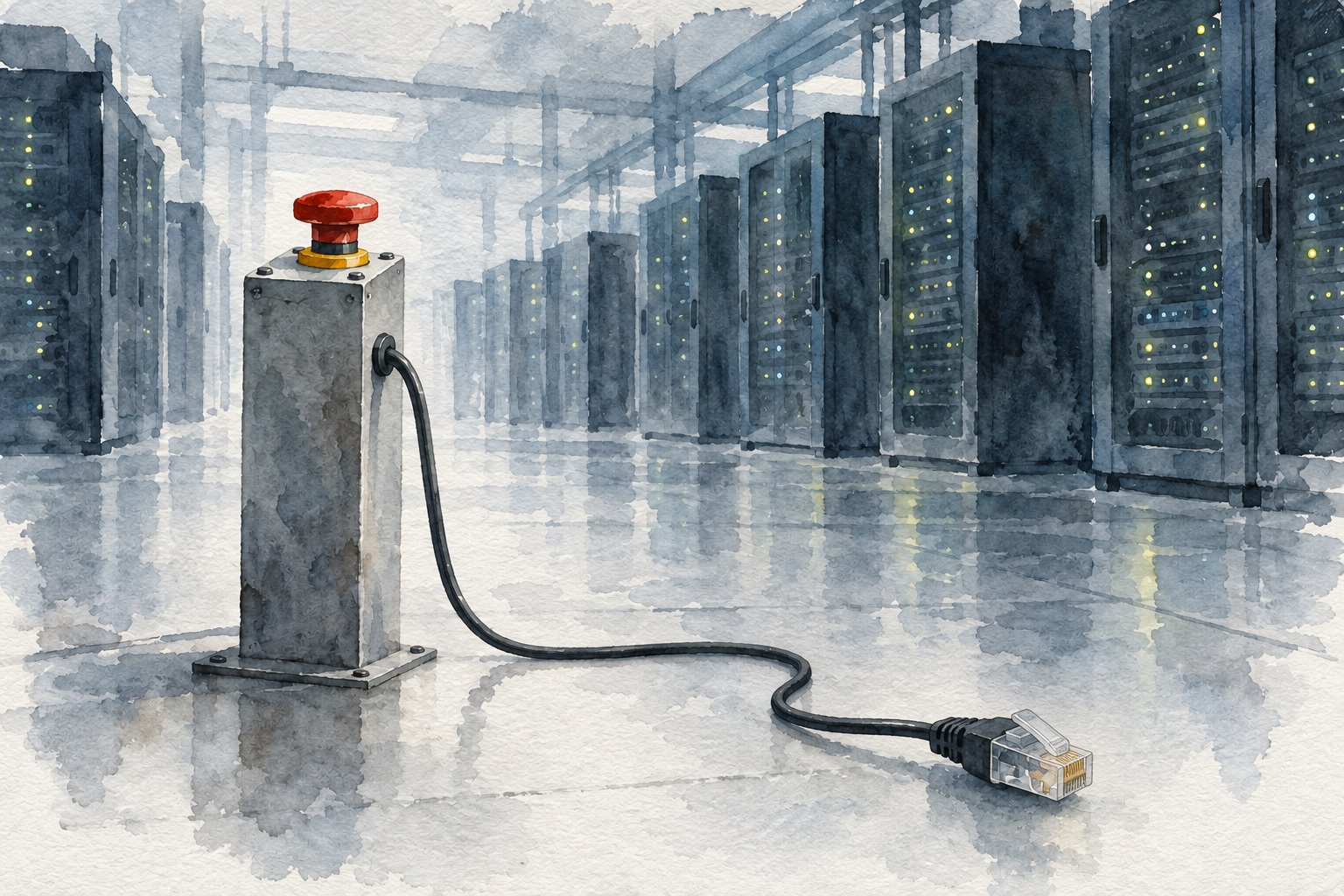 Aquarell eines roten Not-Aus-Knopfs vor laufenden Servern. Sein Kabel endet in einem unverbundenen Netzwerkstecker auf dem Boden.