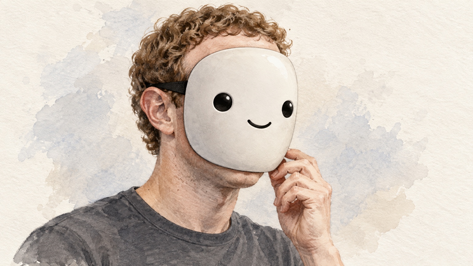Satirisches Aquarell: Ein Mann mit lockigem Haar trägt eine helle, lächelnde Maske mit schwarzen Knopfaugen.