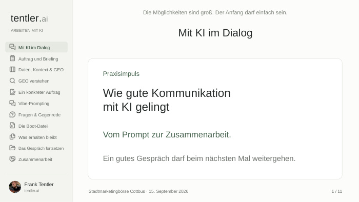 Titelseite: Mit KI im Dialog · Vortragsfolien