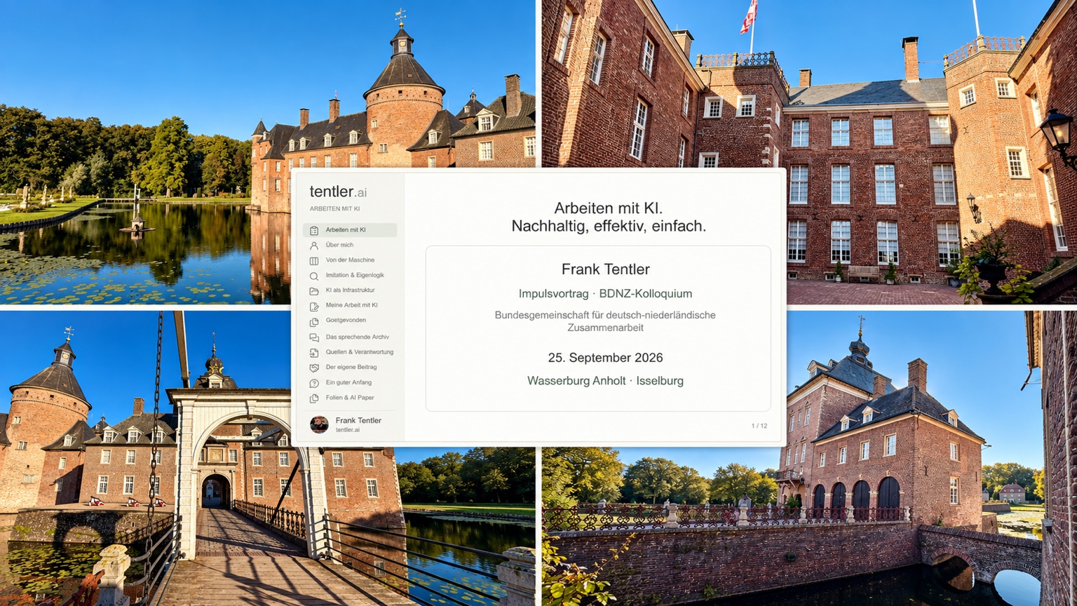 Collage mit vier Ansichten der Wasserburg Anholt und der Titelfolie „Arbeiten mit KI. Nachhaltig, effektiv, einfach.“ in der Mitte.