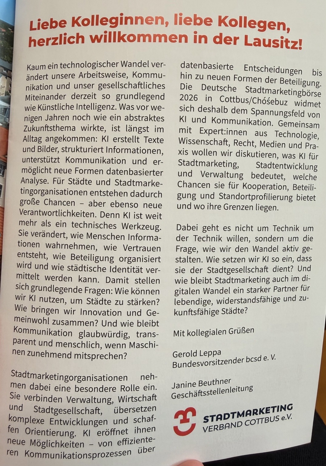 Gedrucktes Grußwort von Gerold Leppa und Janine Beuthner im Programm der Deutschen Stadtmarketingbörse 2026.