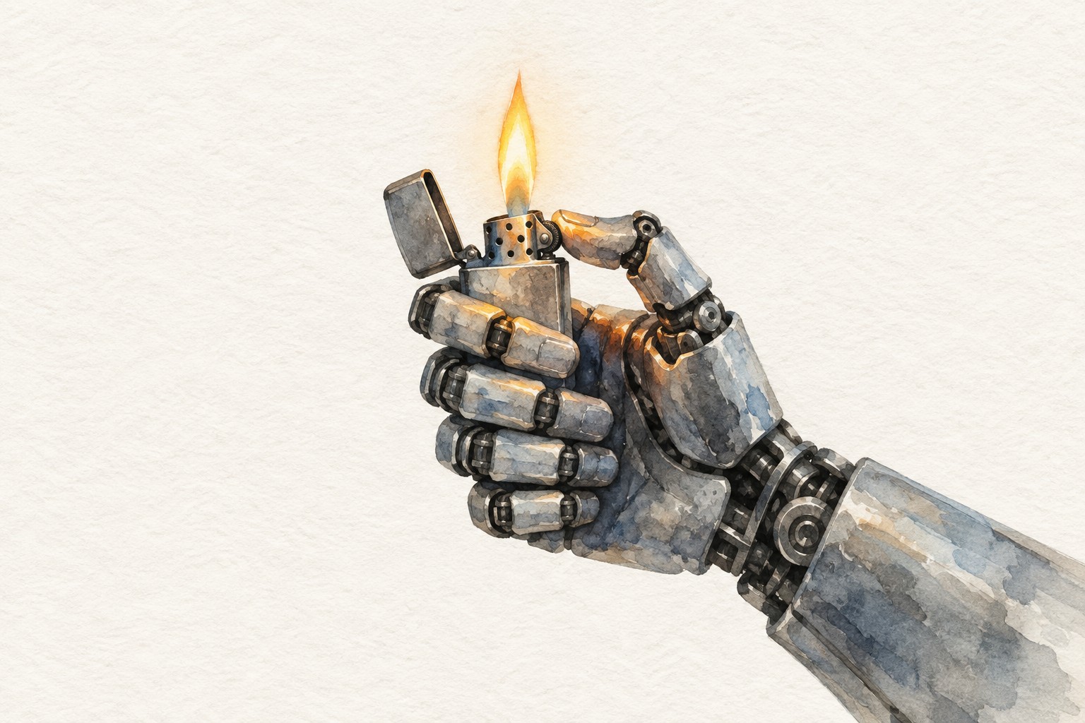 Aquarell eines Roboterunterarms: Die mechanische Hand hält ein geöffnetes Feuerzeug mit brennender Flamme.