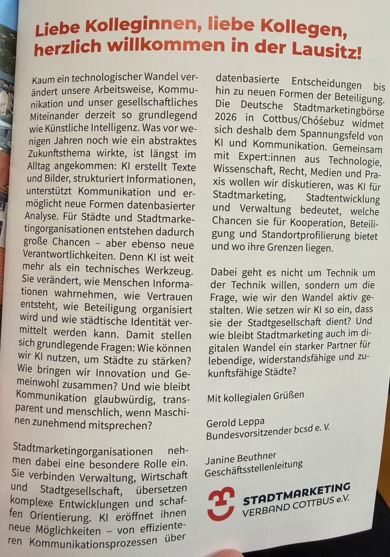 Gedrucktes Grußwort von Gerold Leppa und Janine Beuthner im Programm der Deutschen Stadtmarketingbörse 2026.