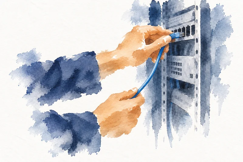 Aquarell: Zwei Hände in blauen Arbeitsjackenärmeln verbinden ein Netzwerkkabel mit einem Serverschrank.