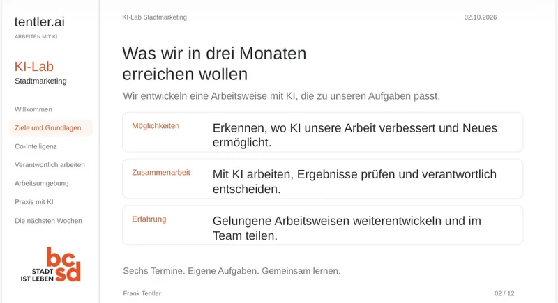 Folie vom 2. Oktober 2026: Ziele des bcsd KI-Labs – Möglichkeiten erkennen, mit KI zusammenarbeiten und Erfahrungen im Team teilen.