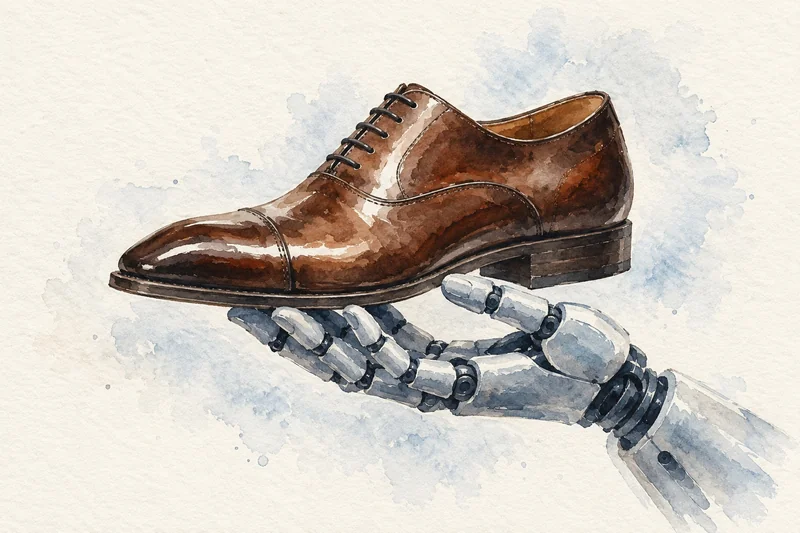 Aquarell einer offenen Roboterhand, die einen glänzenden braunen Herrenschuh präsentiert.