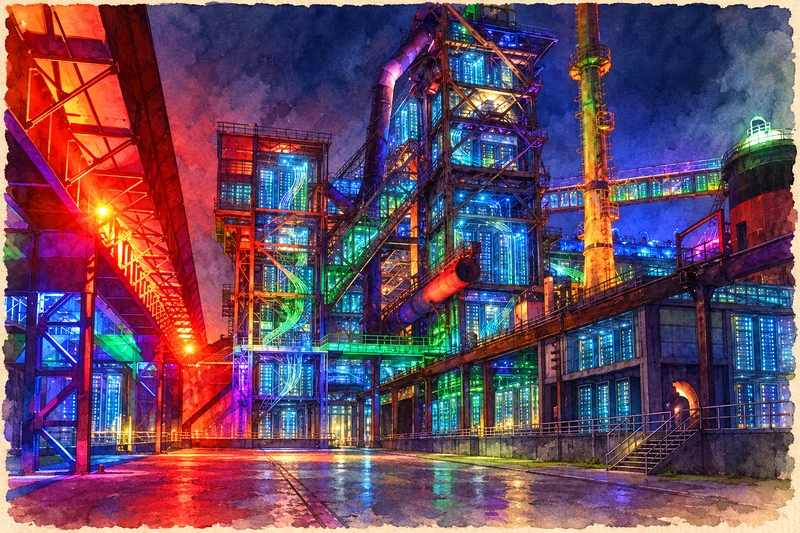Künstlerische Zukunftsvision als Aquarell: Die Hochofenstrukturen des Landschaftsparks Duisburg-Nord umschließen eine leuchtende KI-Serverlandschaft.