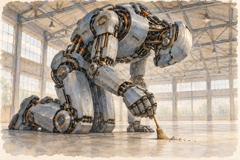 Aquarell eines riesigen Roboters, der kniend und tief gebeugt mit einem winzigen Besen ein kleines Häufchen Staub in einer Halle zusammenkehrt.