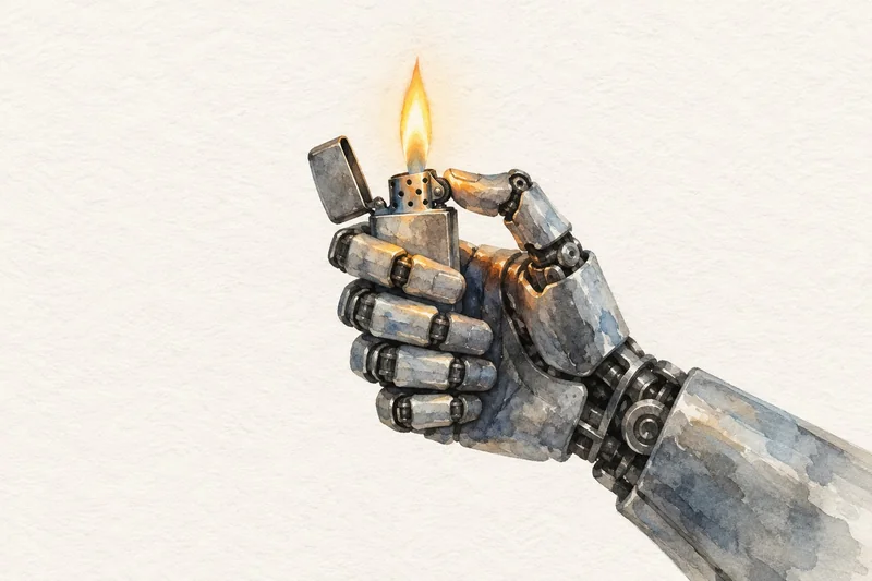 Aquarell eines Roboterunterarms: Die mechanische Hand hält ein geöffnetes Feuerzeug mit brennender Flamme.