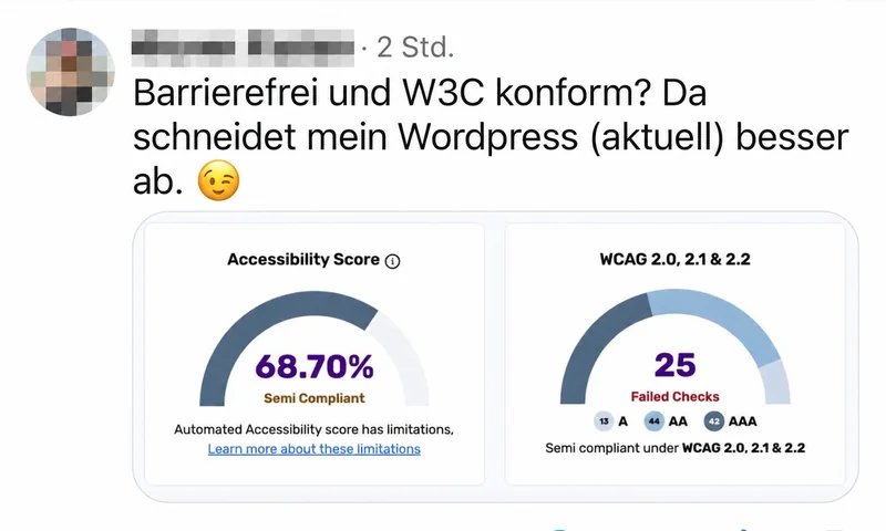 Anonymisierter Kommentar mit automatischem Barrierefreiheitstest für tentler.ai: 68,70 Prozent, Semi Compliant und 25 nicht bestandene Prüfungen nach WCAG 2.0, 2.1 und 2.2.