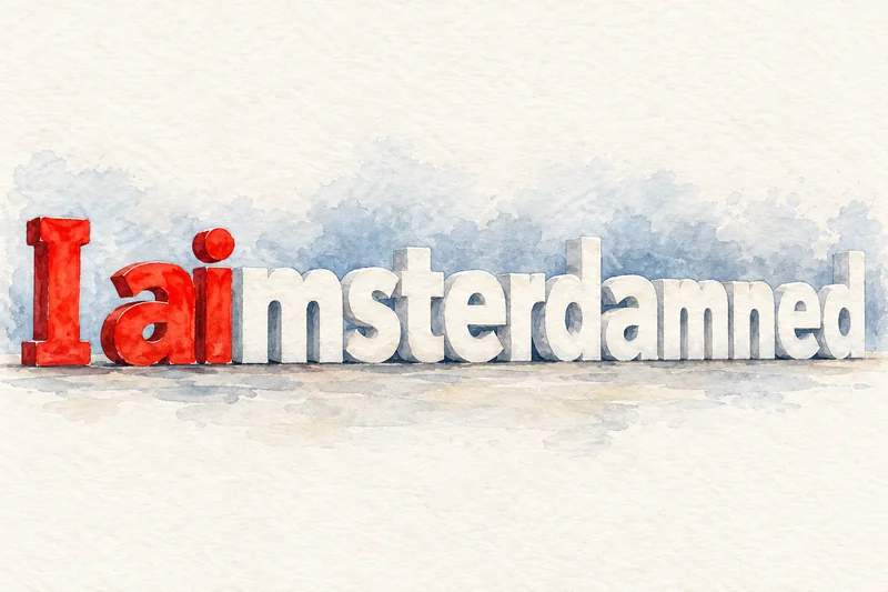 Aquarell des Schriftzugs I aimsterdamned als große rote und weiße Buchstaben, angelehnt an das bekannte Amsterdamer Stadtmotiv.