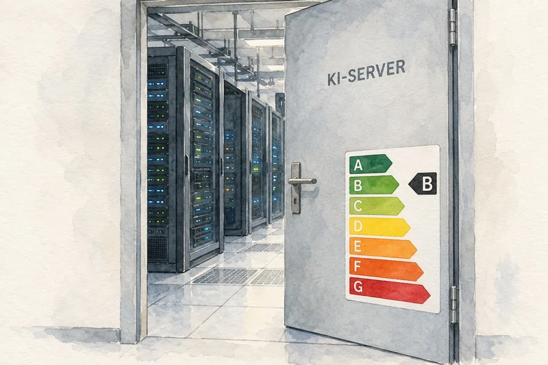 Aquarell einer geöffneten Tür mit der Aufschrift KI-SERVER, dahinter Serverreihen. Unten rechts ein symbolisches Energieetikett von A bis G mit markierter Klasse B.