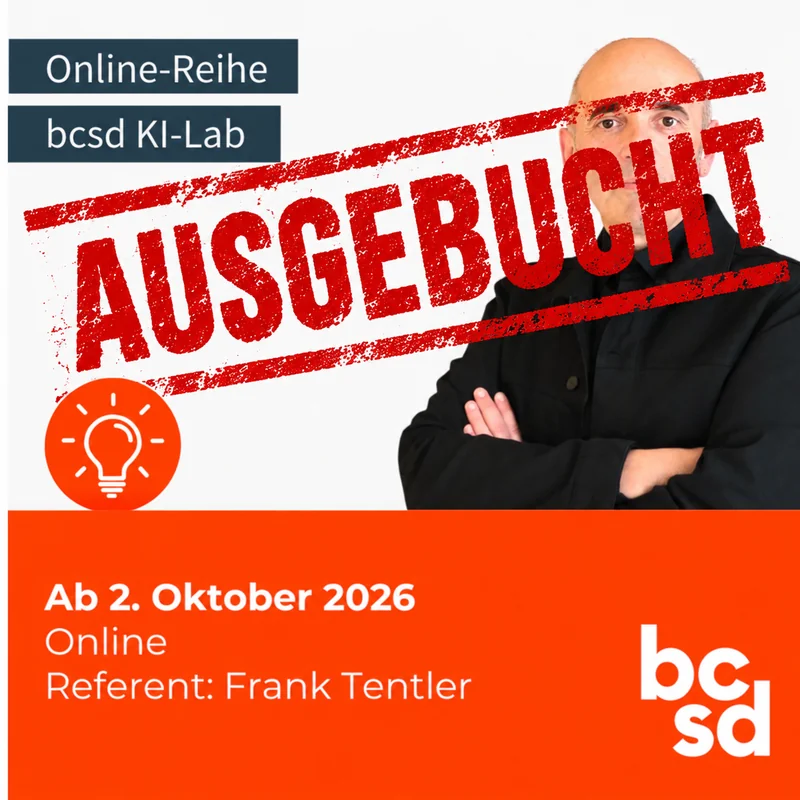 Ankündigung des bcsd KI-Labs mit Frank Tentler und rotem Stempel „AUSGEBUCHT“.